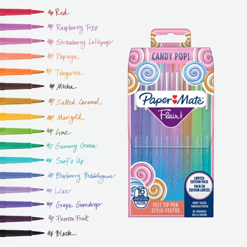 Paper Mate Flair Felt Tip Pens   Medium Point (0.7mm)   Candy POP & Assorted Colours   16 Count