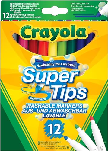 CRAYOLA SuperTips Washable Markers - Assorted Colours (Pack of 12) Premium Felt Tip Pens That Can Easily Wash Off Skin & Clothing Ideal for Kids Aged 3and