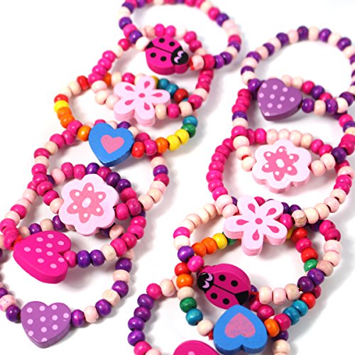 Stands Out, Supplying Outstanding Gifts 12 Wooden Beaded Friendship Bracelets for Girls - Party Bag Fillers for Kids Party - Christmas Birthday Party Favours - Stocking Filler