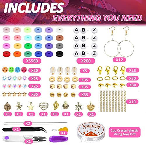 LauCentral 6100and PCS Clay Beads Kit,Clay Flat Beads Polymer Clay Beads 24 Colours Round, Bracelet Making Kit with Alloy Pendant, Beads Bracelet String for DIY Bracelet Necklaces Jewelry Making Kit