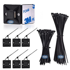 200 Pcs Cable Ties Black 100 Pcs Self Adhesive Wire Tie Mount Base Holders， Cable Clips with Strong Self Adhesive Pads ，Cable Management Set for Home 、 Office、Warehouse, (cable tie with base-001)