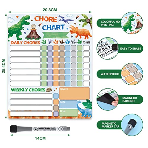 WERNNSAI Dinosaur Chore Chart - Magnetic Reward Chart for Boys Kids Good Behavior Chart with 1 Marker Reusable Dry Erase Responsibility Charts for Fridge Home School Supplies