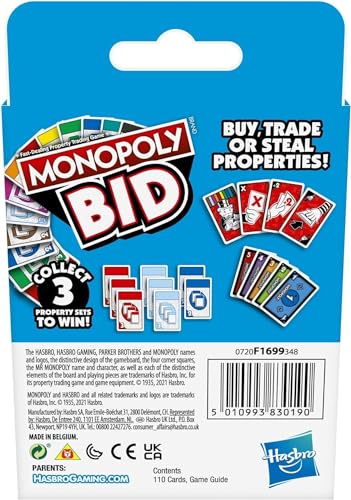 Monopoly Bid Game, Quick-Playing Card Game For 4 Players, Game For Families And Kids Ages 7 And Up