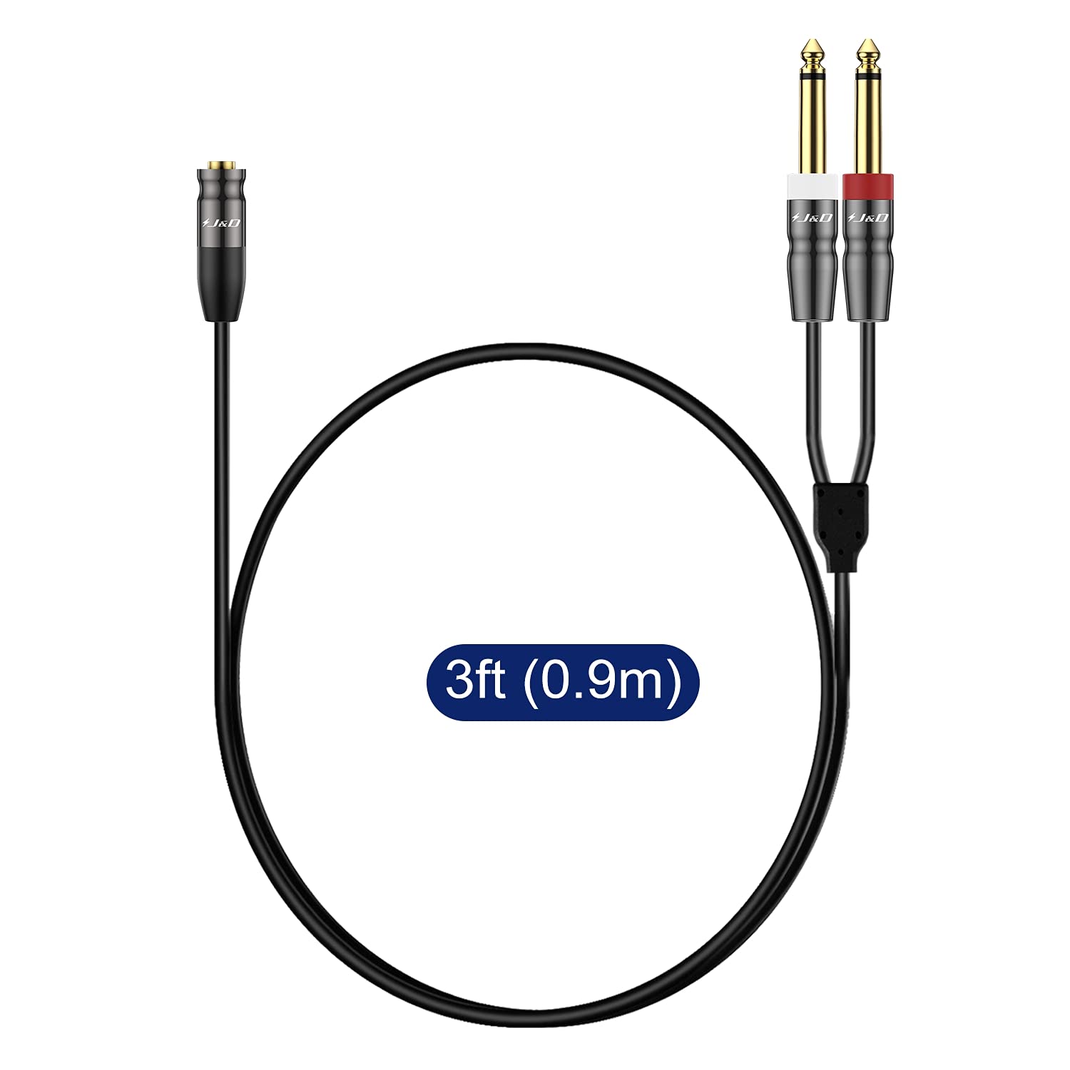 J&D 3.5mm TRS to Dual 1/4 in TS Cable, Heavy Duty 3.5 mm to 2 x 6.35 mm Cable 3.5 mm 1/8 female to 1/4 male Cord for Mixer Guitar Piano Amplifier Speaker, 0.9 Meter