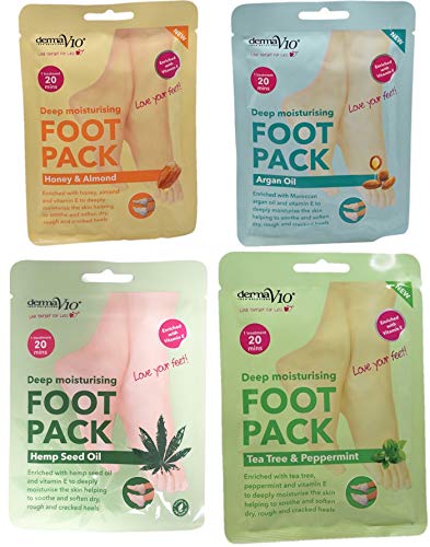 Derma V10 Foot Pack Mask (4 Pack) Deep Moisturising Tea Tree and Peppermint Oil, Honey and Almond Oil Moroccan Argan Oil & Hemp Seed Oil (All 4 Variety Pack)