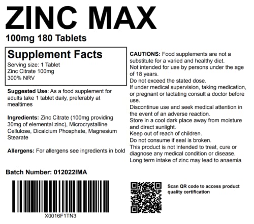 Zinc Max 100mg 180 Tablets Mineral Supplement. Pharmaceutical Grade