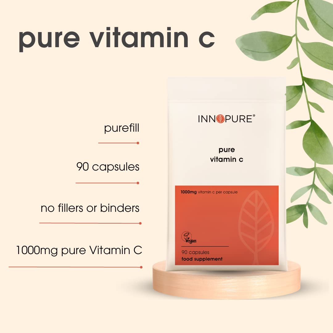 Pure Vitamin C Capsules 1000mg (No Fillers or Binders) Premium Vitamin C in a One-A-Day Easy to Swallow Capsule, 90 Capsules (Not Tablets) UK Made by INNOPURE