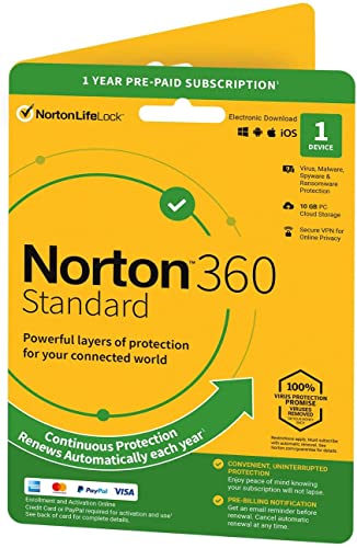 Norton 360 Standard 2023, Antivirus software for 1 Device and 1-year subscription with automatic renewal, Includes Secure VPN and Password Manager, PC/Mac/iOS/Android, Activation Code by Post