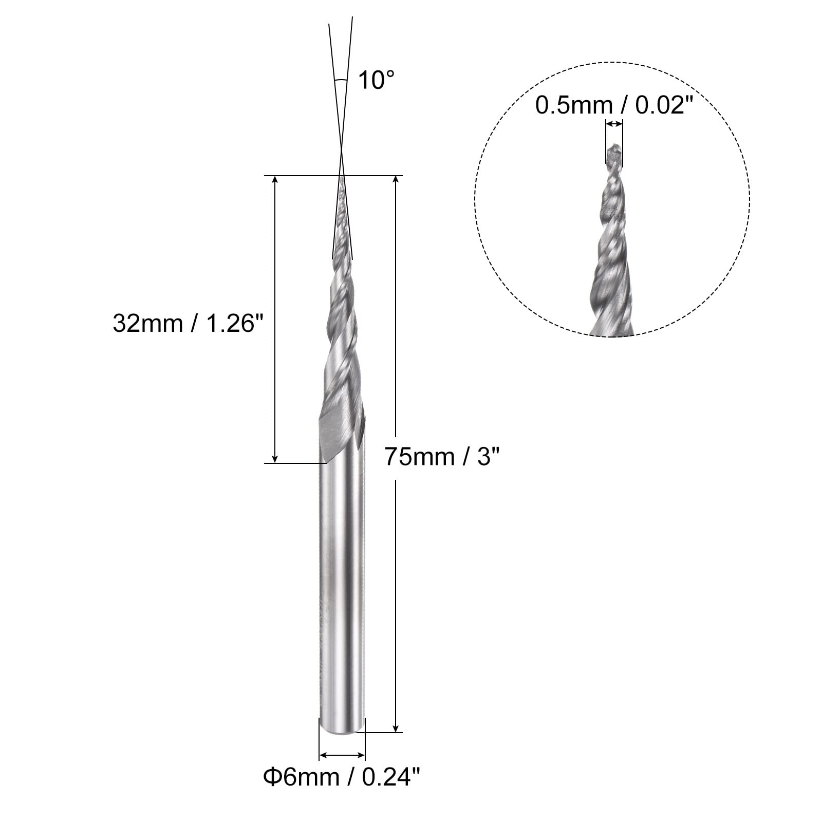 sourcing map Tapered Ball Nose End Mill, Uncoated Solid Carbide 2 Flute Spiral Milling Cutter, 0.25mm Radius, 0.5mm Diameter, 6mm Shank, 75mm Length, 10 Degree Angle