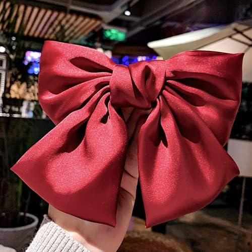 2PCS Silky Satin Hair Bows Hair Clip Black Hair Ribbon Ponytail Holder Accessories Slides Metal Clips Hair Bow for Women Girls Toddlers Teens Kids (Bow Clip-Pink/Red)