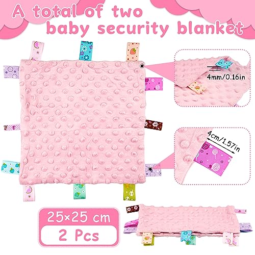 Deepton 2 Pcs Taggies for Babies, 25 x 25 CM Taggy Blanket, Cotton Baby Security Blanket, Tag Security Blankets with Colorful Sensory Label, Soothing Plush Baby Comforter Blanket - Pink