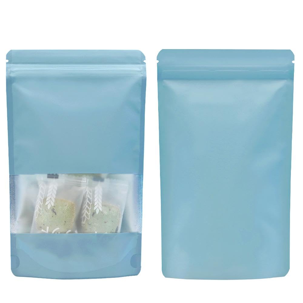 30pcs 12×20cm Blue Stand up Mylar Ziplock Bags with Clear Window,Frosted Resealable Plastic Pouches for Food Storage Jewellery Sweets