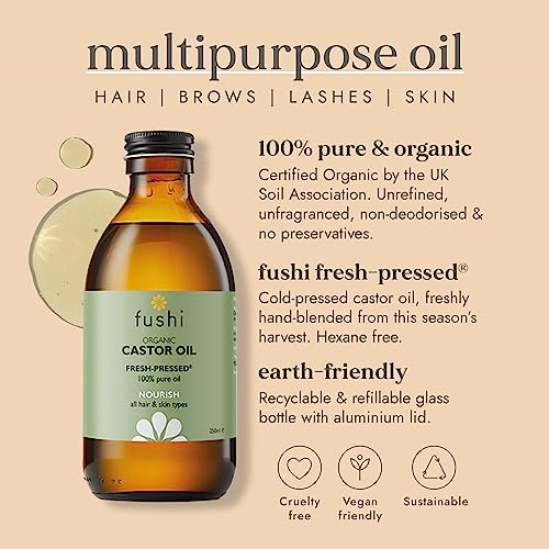 Fushi Organic Castor Oil 250ml Glass Bottle 100% Pure Cold & Fresh-Pressed For Dry Skin & Hair Growth, Eyelashes & Eyebrows Hexane Free Natural Food-grade Sustainably Sourced