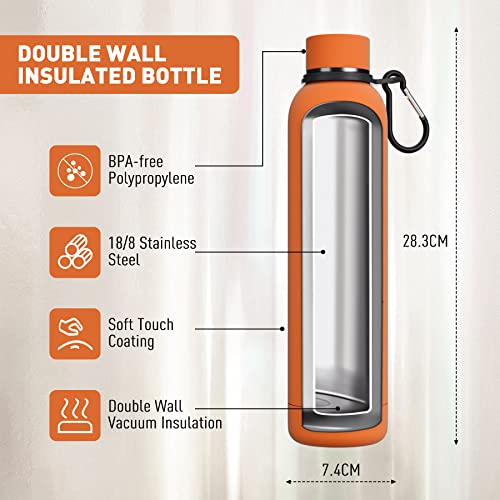 Exllena Insulated Water Bottles 1L with Water Bottle Buckle, Double Wall Stainless Steel Water Bottles 12 Hrs Hot/24 Hrs Cold, BPA Free for Gym, Camping, Hiking (Orange)