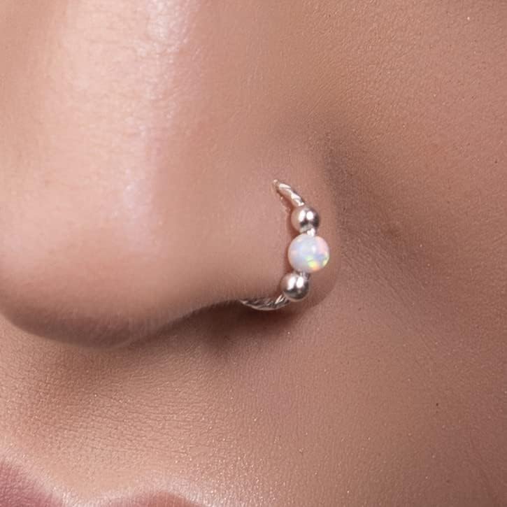 Silver Nose Ring - Dainty 8mm Hoop 20 Gauge Hammered Piercing – 3mm Fire White Opal - Snug 925 Sterling Silver Nose Piercings – Body Jewelry Piercing Hoops – Gift Ready Purchase