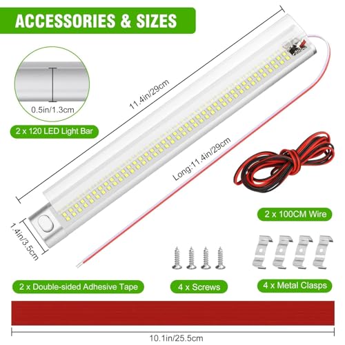 Linkstyle 12V Interior LED Light Bar, 120 LED Universal Strip Light Bar with ON/Off Switch, White Lamp for Van Car Auto Camper Bus Caravan Boat Motorhome MPV RV Kitchen Bathroom Cabinet (2 Pack)