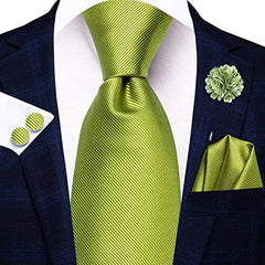 Hi-Tie Yellow Green Formal Solid Ties Lapel Pin Set Silk Woven Necktie Pocket Square Cufflinks Novelty Dress Tie Prom