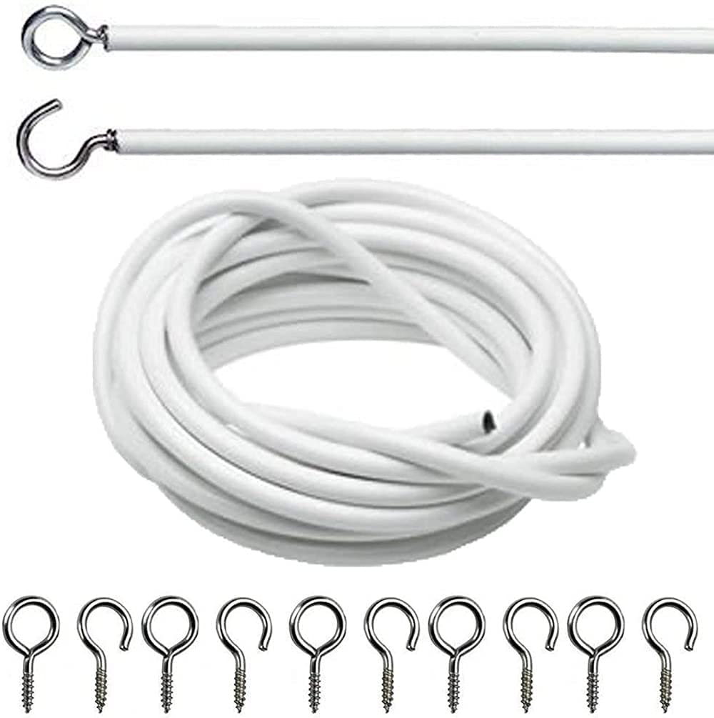 DIVCHI White Window Net Curtain Wire Cord Cable With 8 Hooks & 8 Eyes (2 Meter Net Curtain Wireand8 Hooksand8 Eyes)