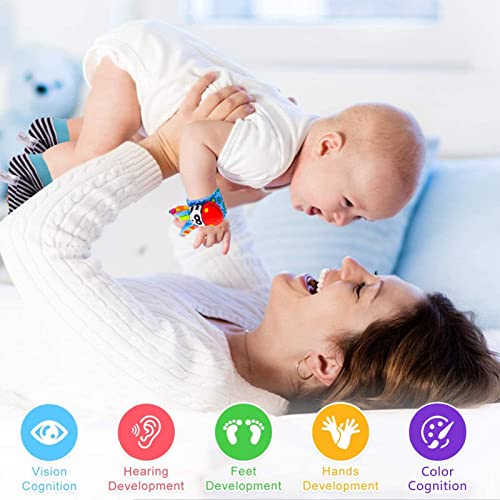 QINREN 4 Pcs Baby Wrist Rattles Socks Toys, Newborn Wristband Rattles & Foot Finder Baby Toy with Sensory Stimulation, Soft Animal Bell Strap Development Gift for 0-9 Month Infant Toddlers Boy Girl