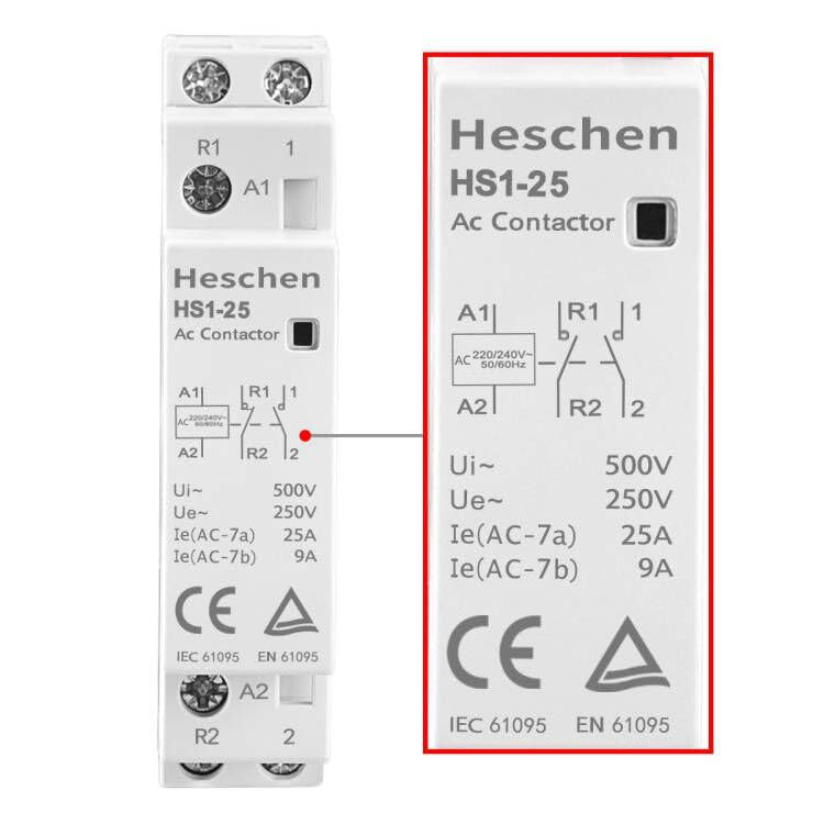 Heschen Household AC Contactor, HS1-25, 2 Pole 1NO 1NC, AC 220V/230V Coil Voltage, 35 mm DIN Rail Mount