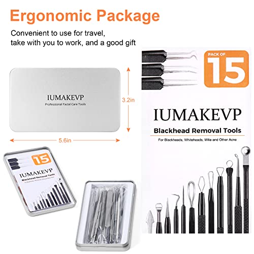 Blackhead Remover Tool Kit, IUMAKEVP 15 PCS Professional Stainless Steel Pimple Popper Comedone Extractor Tools for Removing Pimple, Blackheads, Zit on Face - Acne Removal Kit with Metal Case (Silver)