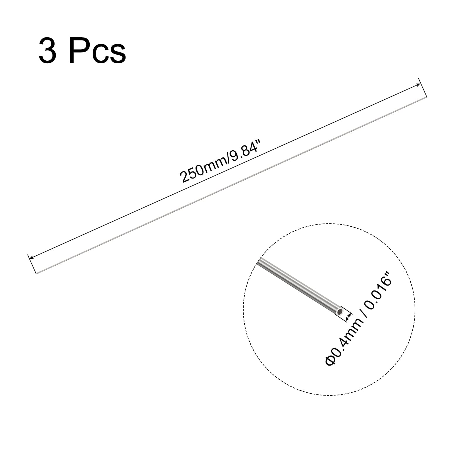 sourcing map 304 Stainless Steel Capillary Tube, OD 0.4mm x 0.1mm Wall Thick 250mm Length Metal Tubing for Industry Machinery, 3Pcs