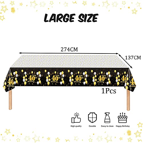 Black Gold Happy 40th Birthday Table Cloth Cover Party for Men,Women,Him,Her,137*274cm 40th Birthday Table Decorations,Rectangular Plastic Tablecloth for 40th Birthday Party Supplies Decorations