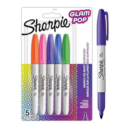 Sharpie Glam Pop Permanent Markers   Fine Point for Bold Details   Assorted Vibrant Colours   5 Marker Pens