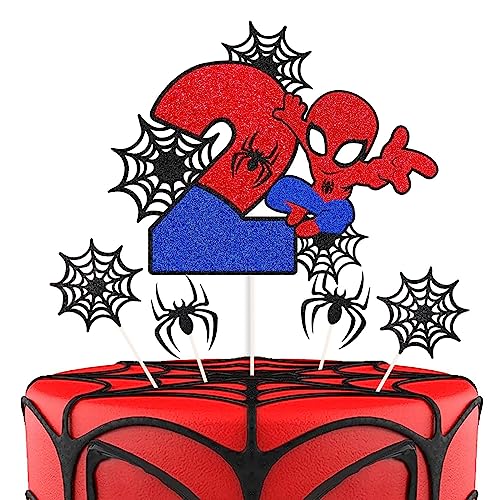 ZHIHUI 7 Pcs Cake Toppers, Personalised 2nd Birthday Cake Topper，Superhero Spiderman Happy Birthday Cake Toppers, Double Sided Glitter Cupcake Topper Birthday Party Decorations for Boys Children Kids