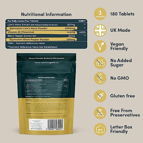 Lions Mane Supplement 4000mg with Vitamin B1 & Black Pepper, 180 Vegan Tablets - Lion's Mane Mushroom 15:1 Extract (Not Lions Mane Powder or Capsules), UK Made for Mental Performance & Nervous System