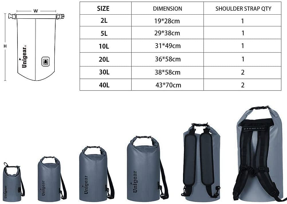 Unigear Dry Bag 2L/5L/10L/20L/30L/40L Waterproof Dry Sack Roll Top with Phone Case and Long Adjustable Shoulder Strap for Boating/Kayaking/Fishing/Rafting/Swimming/Camping/Snowboarding