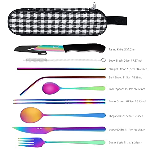 hecef 10 PCS Rainbow Cutlery Set with Compact Cloth Bag, Reusable Stainless Steel Utensils, Handy Flatware Set for Work, School, Camping, and Travel