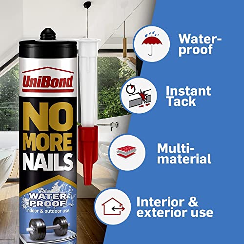 UniBond No More Nails Waterproof, Heavy-Duty Mounting Adhesive, Strong Glue for Mirrors, Wood, Ceramic, Metal etc., No Nails Instant Grab Adhesive Indoor & Outdoor, 1 x 450g Cartridge