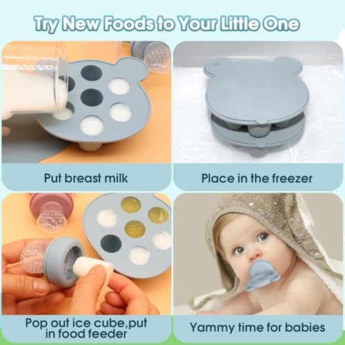 Silicone Baby Fruit Food Feeder Pacifier & Breastmilk Popsicle Freezer Molds, Baby Food Storage Containers Breast Milk Ice Cubes for Baby Teething & Infant Self Feeding Blue (Muted 1)