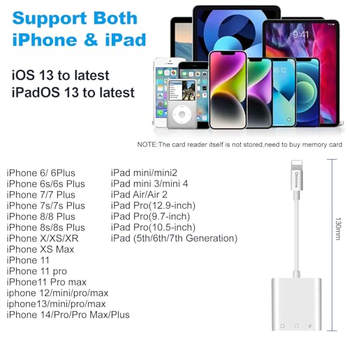 Omivine 3-IN-1 SD Card Reader for iPhone, SD&TF Dual Slots Memory card reader for iPad, MicroSD Camera Card Adapter with Charging for Trail Game Camera, Drone, etc. Charging&Reading Simultaneously