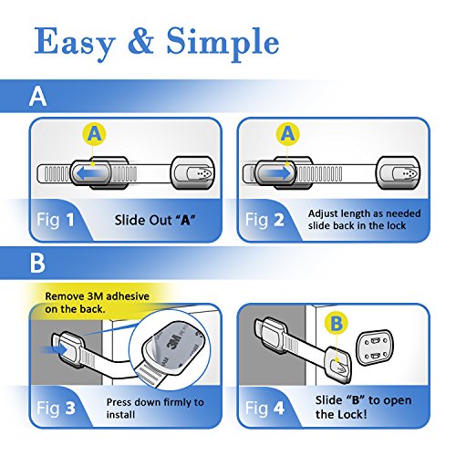 Child Safety Strap Locks (4 Pack) for Cupboards, Fridge, Cabinets, Drawers, Dishwasher, Toilet, 3M Adhesive No Drilling - by Jool Baby