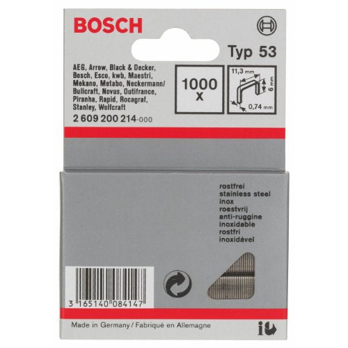 Bosch Professional 1000x Fine Wire Staple Type 53 Stainless (Textiles, Carton, 11.4 x 0.74 x 6 mm, Accessories Tacker, Staple Gun)