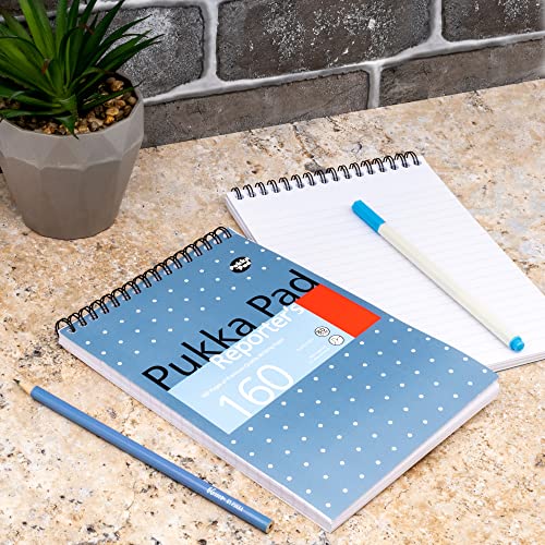 Pukka Pad, Reporter’s Pad 3 Pack for Home, School, and Office – 14 x 20.5cm – Wirebound, Head-Bound Notebook with 160 Pages of 80GSM Paper – Microperforated for Easy Removal – Blue