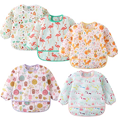 ElecMotive Long Sleeve Bibs 5 Pack Waterproof Sleeved Bib Baby Toddler Soft Bib for 6-30 Months