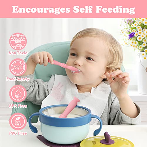 Vicloon Baby Fork and Spoon Set, 3Pcs Silicone Spoon Baby Weaning Spoon Set Self Feeding Utensil Easy Grip Toddler Cutlery Kit, Soft Baby Spoon for Infant Toddler Children First Led Training Weaning