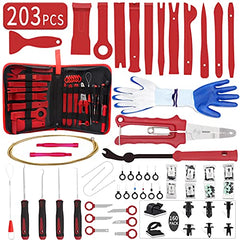 Wetado Trim Removal Tool Kit, Car Panel/Door/Audio Removal Tool Set, Auto Clip Pliers/Fastener Terminal Remover Tool, Push Pin Bumper Retainer Clip, Plastic Pry Tool Set with Storage Bag(203Pcs Red)