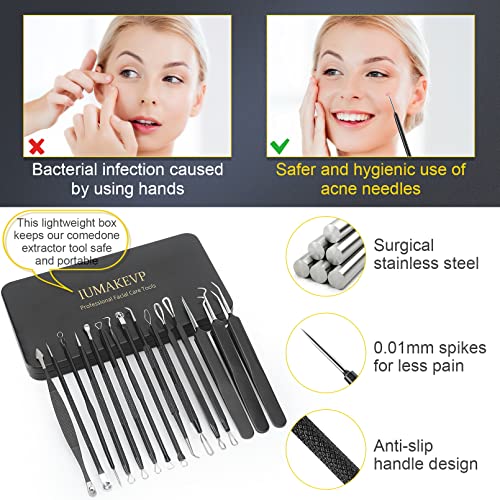 Blackhead Remover Tool Kit, IUMAKEVP 15 PCS Professional Stainless Steel Pimple Popper Comedone Extractor Tools for Removing Pimples, Blackheads, Zit on Face - Acne Removal Kit with Metal Case (Black)