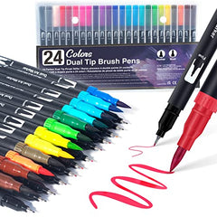 AKARUED Dual Tip Brush Pens: 24 Colouring Pens for Adults Colouring Book, Felt Tip Pens Art Markers for Kids Art Supplies Fineliner Tip Brush Marker for Calligraphy Drawing