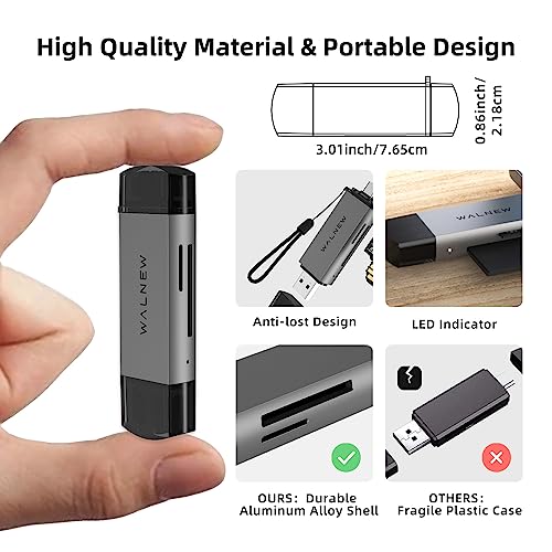 SD Card Reader, WALNEW USB 3.0 and USB-C to SD/Micro-SD TF Memory Card Adapter for Mac,MacBook,Computer/PC,Laptop,iPad 10,iPhone 15 Pro/Max,Samsung Galaxy Android Phone,Support UHS-I SDHC/SDXC/MicroSD