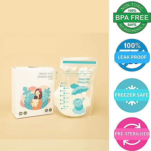 JEOPKO 30 Breast Milk Storage Bags, 250ml Milk Freezer Bags, Breastfeeding Essentials Breast Milk Storage Bags Freezer, Pre-Sterilised Stand-Up Pouches No Leak Double Seal Freezer Milk Storage Fridge