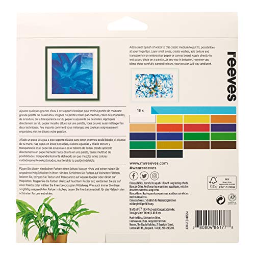 Reeves Watercolour Paint Set - Highly Pigmented Colour Paints for Artists - Art Supplies for Adults & Kids - Suitable for Canvas & Watercolour Boards - 18 x 12ml Pack, Assorted Colours