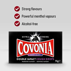 Covonia Double Impact Cough Drops Berry Blast 51g Extra Strong warming flavour and menthol vapour