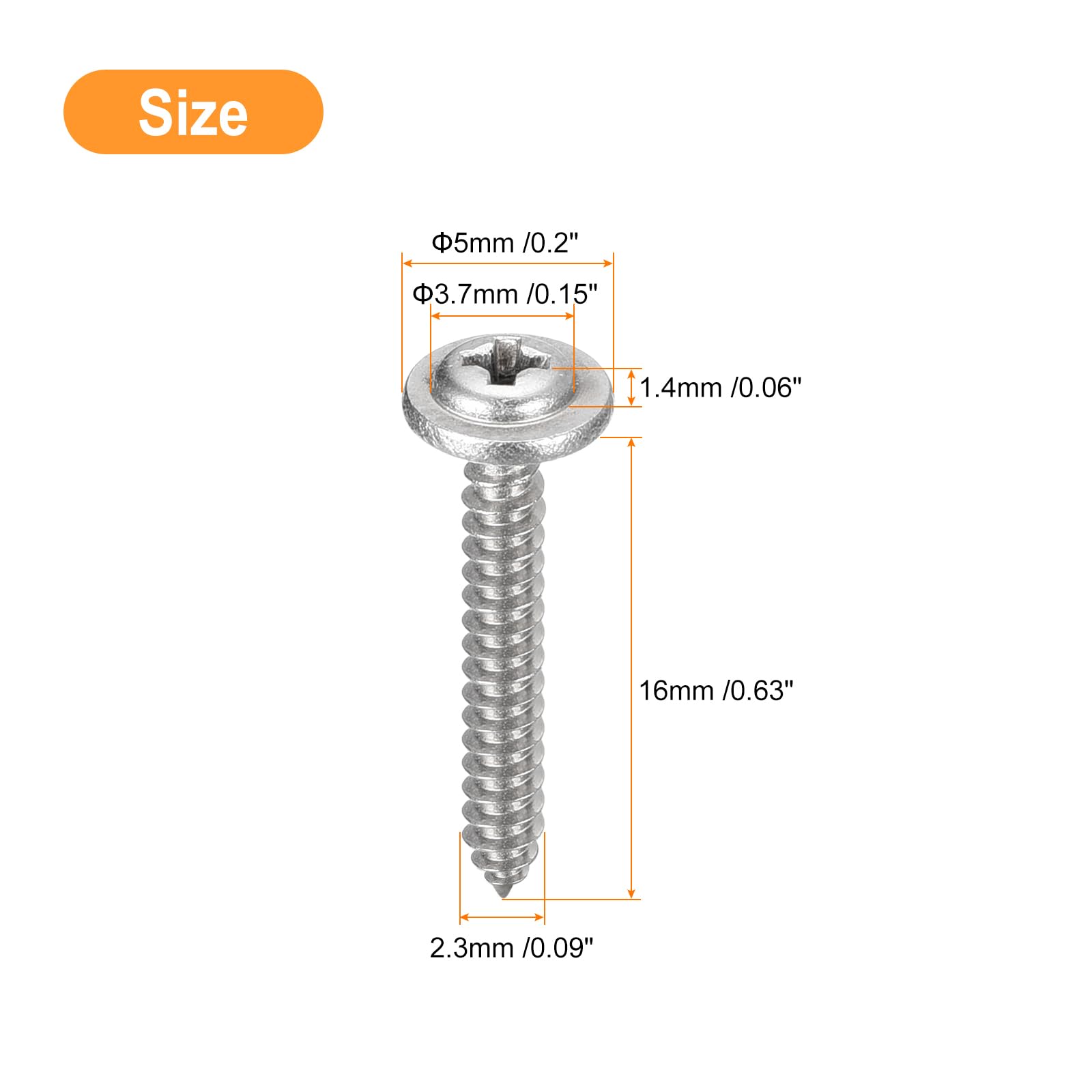 sourcing map ST2.3x16mm Phillips Pan Head Self-tapping Screw with Washer, 100pcs - 304 Stainless Steel Wood Screw Full Thread (Silver)