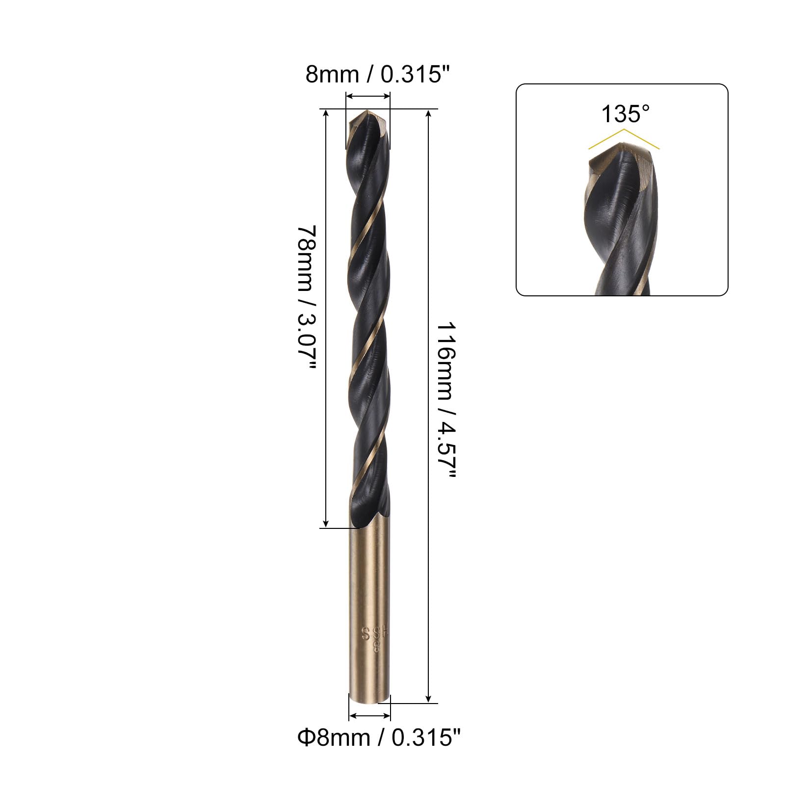 sourcing map 6pcs Jobber Drill Bits 8mm Black Nitride & Gold Titanium Coated 4341 High Speed Steel (HSS) 135 Degree Split Point Twist Drill Bits for Stainless Steel Metal Plastic Wood