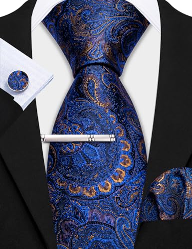 Barry.Wang Mens Tie Paisley Plaid Striped Floral Silky Necktie Pocket Square Cufflinks Clip Set Wedding Party Formal Business